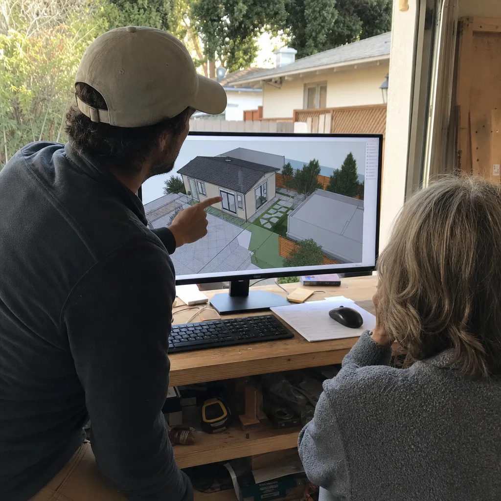 Designer and client reviewing ADU architectural design plans on a computer