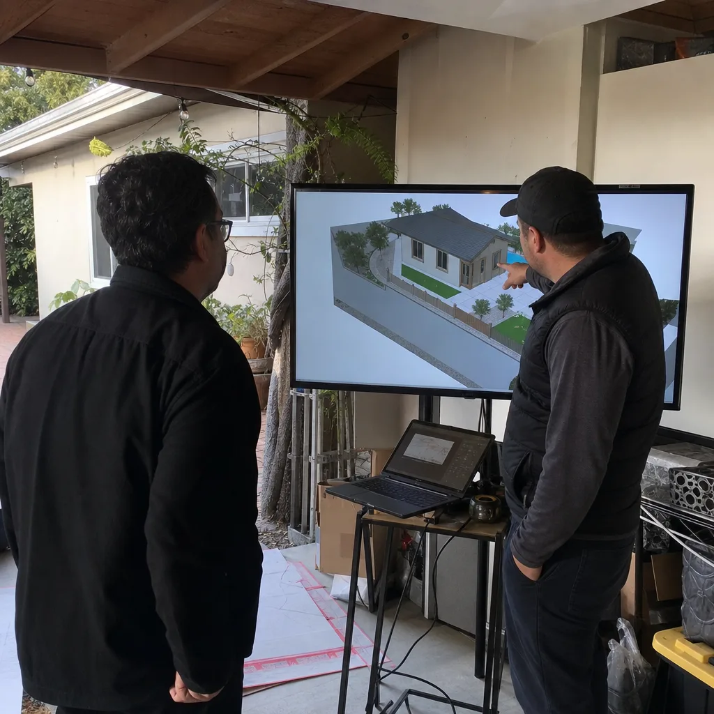 Contractor presenting 3D ADU architectural design to a client