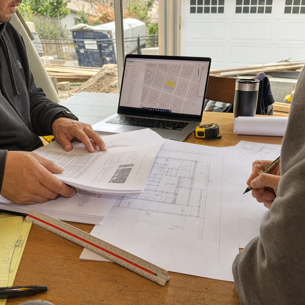 Two professionals reviewing ADU floor plans and construction documents