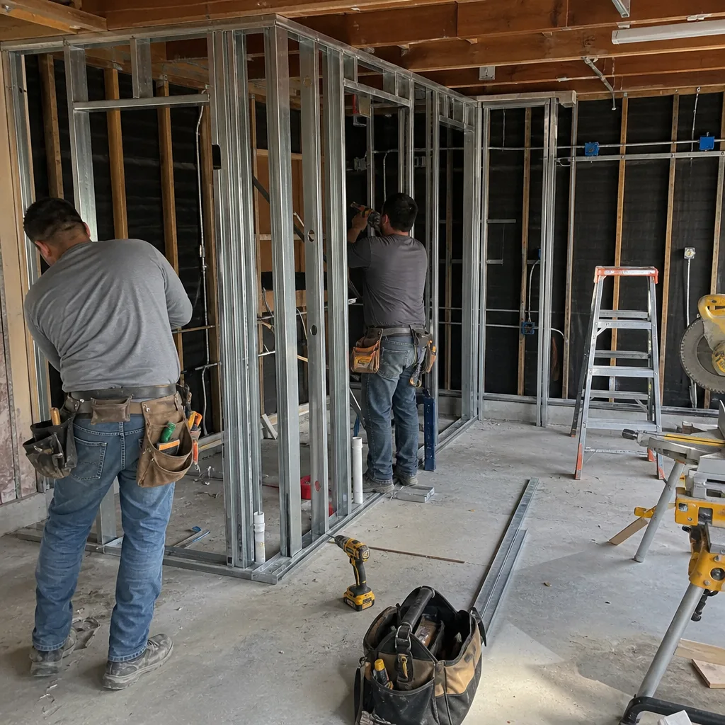 Contractors building metal stud frame for a garage conversion ADU project
