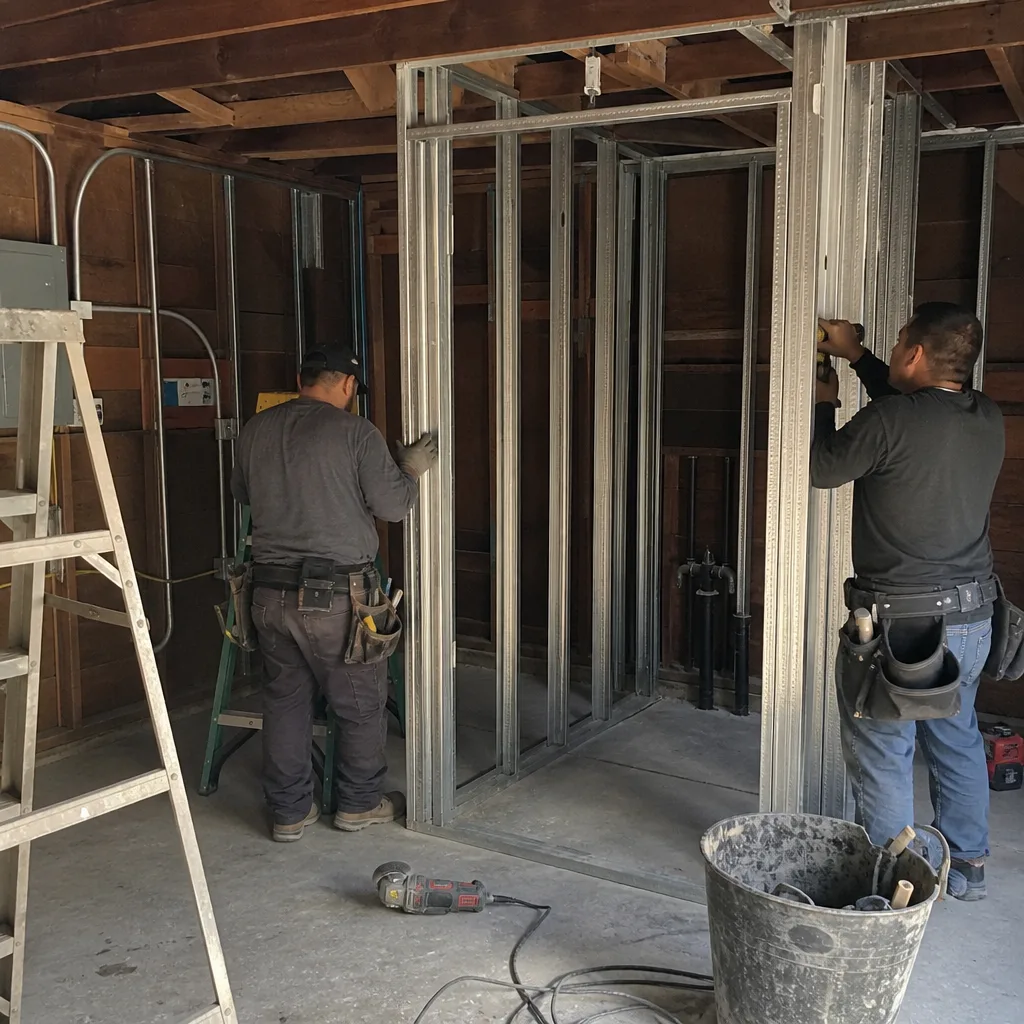 Contractors installing metal wall framing for a garage conversion ADU.