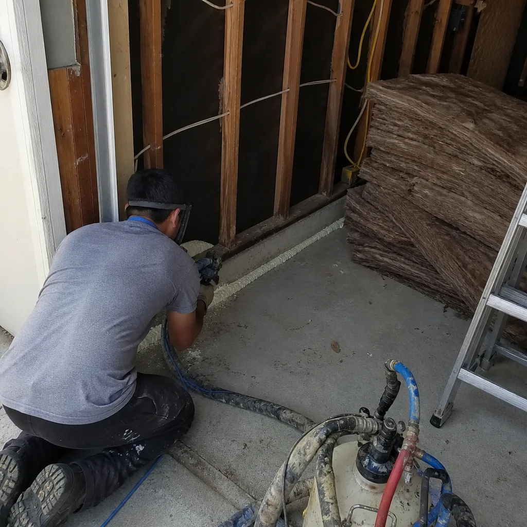 Contractor applying spray foam insulation for garage conversion ADU project