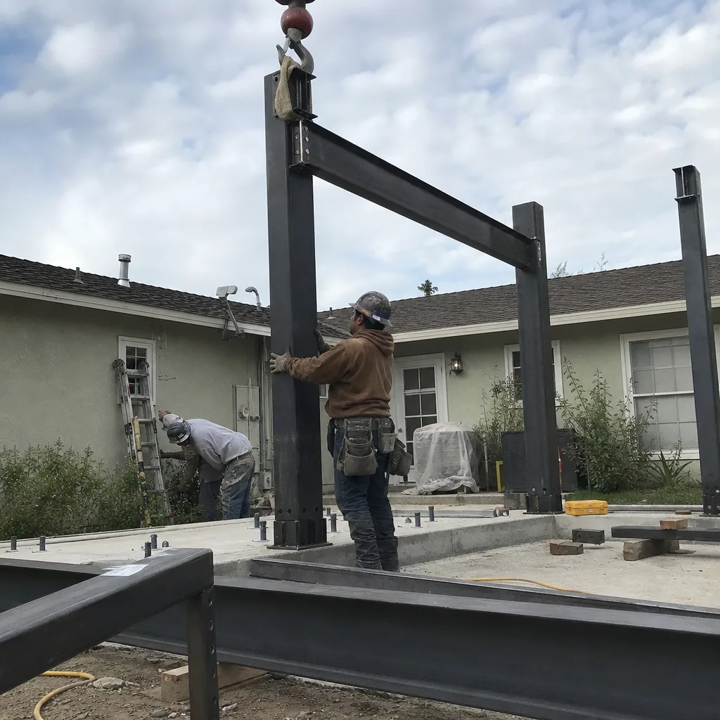 Workers installing steel framing for a new detached accessory dwelling unit