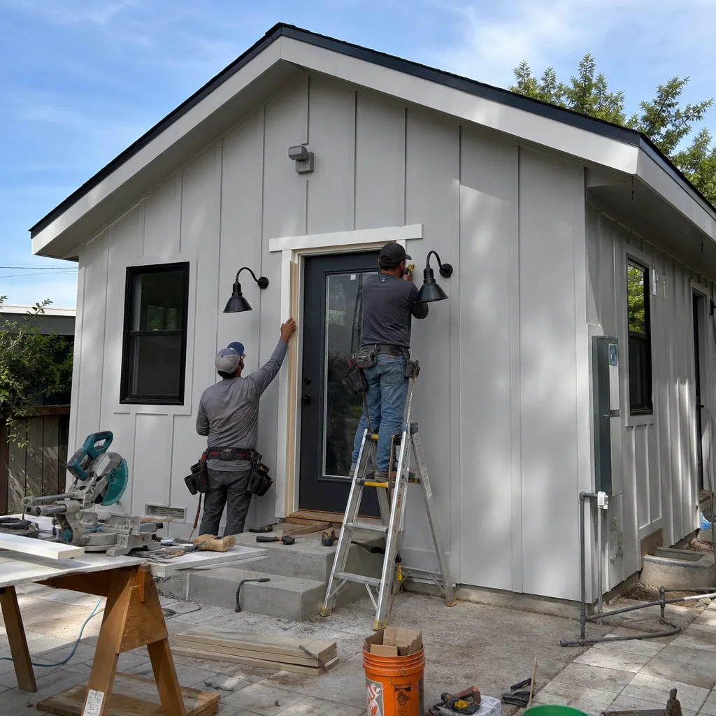 Two contractors installing exterior door trim on a new modern ADU