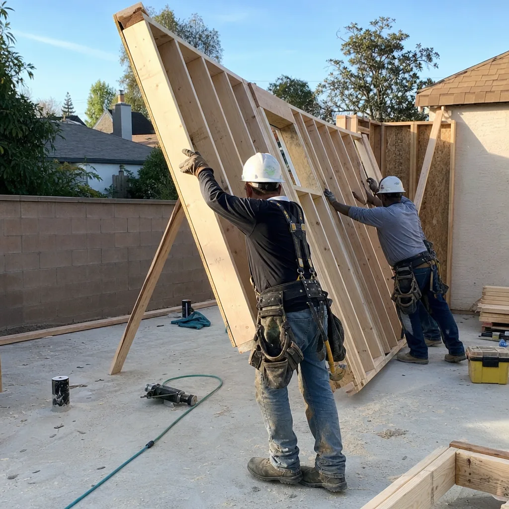 Two contractors lifting a wooden wall frame for a detached ADU